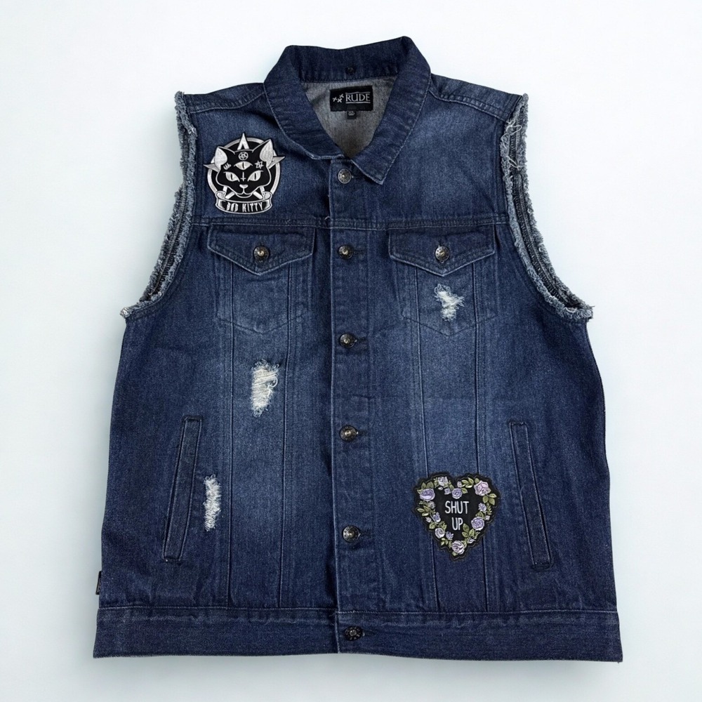 Rude Denim Vest XL Dark‎ Wash Blue Distressed Punk Goth Bad Kitty Patch Grunge